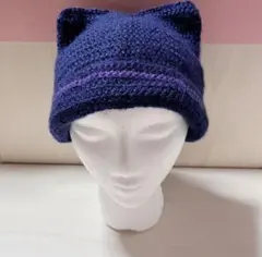 【 ハンドメイド 】ニット帽子 紺色×紫ライン