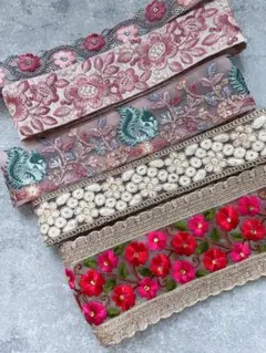 インド刺繍リボン　まとめ　ハンドメイド　資材　輸入リボン　ピンク