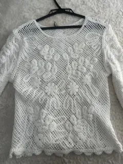 ZARA ホワイト 花柄編み模様 長袖トップス M