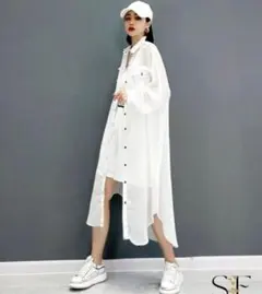 【訳あり未使用】enough for me ロングシャツワンピース 黒ステッチ