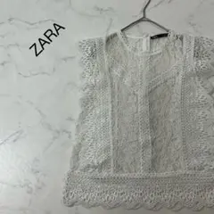 美品 ZARA 切替 ワントーン レース ジップ フレンチスリーブ ブラウス S