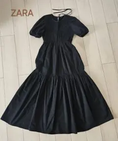 ZARA ポプリン ティアード ロング フレア ワンピース ブラック M