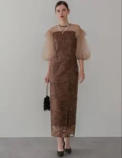 LejaフラワースパンコールシアーフリルスリーブIラインワンピースドレス　結婚式