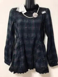 新品 axesfemmeネックレス付 チェック柄ペプラム チュニック風 ブラウス