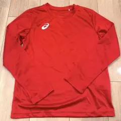 【美品】アシックス 140cm ジュニア 長袖 Tシャツ 赤 ロゴ レッド
