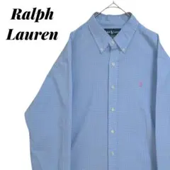 90s ラルフローレン チェックシャツ XL 水色 刺繍ロゴ ビッグシルエット