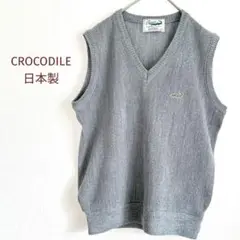 CROCODILE　クロコダイル　Vネックベスト　日本製　毛混　М　グレー　ロゴ
