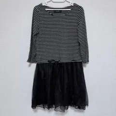 mystic ボーダー　チュールワンピ　ブラック　七分袖　ミスティック