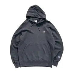 7AS4【champion】ワンポイントロゴ刺繍　パーカー　ブラック　古着