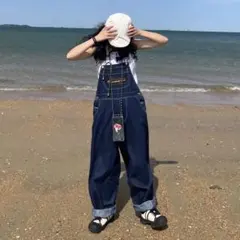 ダークブルー デニム サロペット フリーサイズオーバーオールオールインワン