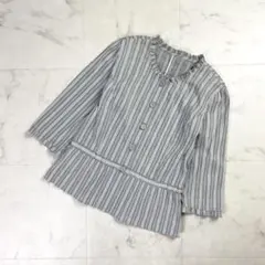 レリアン ストライプノーカラーブラウス フリル グレー サイズ9*KD360