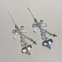 ビーズキーホルダー 白 水色 ハート リボン 韓国 平成 y2k