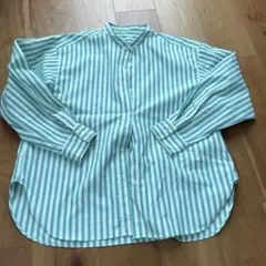 緑×白ストライプ ボリュームスリーブバンドカラーシャツ　F