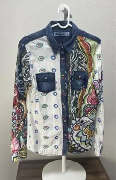 デシグアル アシンメトリー 総柄 長袖シャツ M デニム切替 刺繍のサムネイル