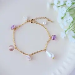 ☆SALE 46　上品な紫色のバラ　ブレスレット　ハンドメイド　アジャスター付き