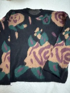 花柄ニットセーター 長袖 黒