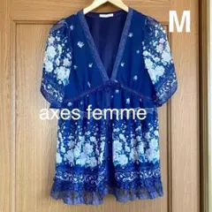 アクシーズファム シフォンチュニック M 紺色 白バラ柄 レース 透け感