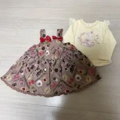 メゾピアノ コーデュロイワンピース　チョコ柄　ウサギトップスセット