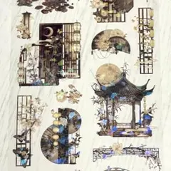 ◤海外マステ◢✨新品✨　PETシール　中華装飾　モノクロ　15柄　5ループ　格子