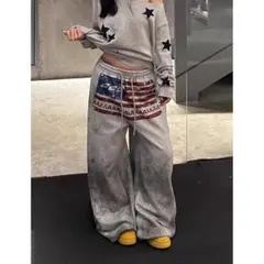 アメリカ国旗デザイン ワイド スウェットパンツ グレー グラフィック プリント