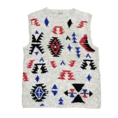 た*^様 ハンドニット ネイティブ柄 ベスト 総柄 幾何学 US古着n83
