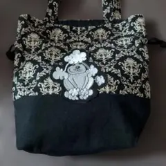 プードル刺繍 ダマスク柄 巾着トートバッグのサムネイル