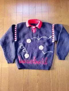 ハンドメイド、キッズ、野球モチーフ ネイビーセーター