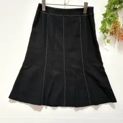 【ベルメゾン】美品　千趣会　ひざ丈スカート　ステッチ　ゆったり　黒　11号