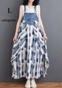 ジャンスカ オールインワン サロペット デニム 夏 プリントスカート ロング