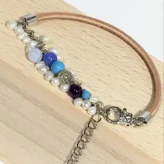 ③本革・淡水パール・水晶・アゲート・アメジスト・トルコ石 ブレスレット 16cm