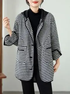 フード付き カジュアル ゆったり チェック柄 ラシャ アウター オシャレ