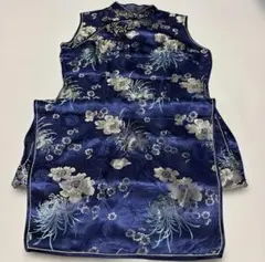 ネイビー 花柄刺繍 チャイナドレス　Lサイズ