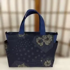 ハンドメイド和柄バック　青帯仕様 ファスナー開閉　底板紐付き　No.3