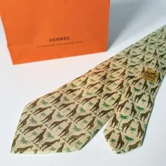 HERMES エルメス アニマル柄 シルク100 ネクタイ ベージュ