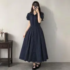 インゲボルグ★ピンタック レース切替え パフスリーブ デニムドレス ワンピース インゲボルグ☆ピンタック レース切替え パフスリーブ デニムドレス