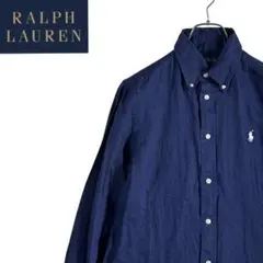 【ラルフローレン】リネンシャツ　長袖　ポニーロゴ　ネイビー　紺　M
