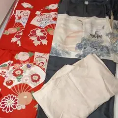 リメーク用正絹羽二重　アンティーク子供着物　2点　お宮参　振袖着物　難あり　襤褸