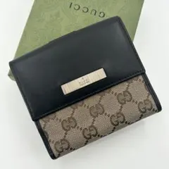 美品✨グッチ 折り財布 GG プレート Wホック ブラウン キャンバス レザー