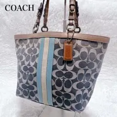 美品 COACHトートバッグ 11351 ストライプ シグネチャー PVCレザー 