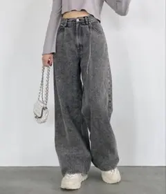 Heather ハイウエストデニムワイドパンツ グレー