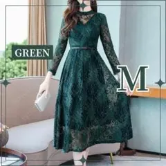 フォーマル ワンピース ドレス レース 結婚式 お呼ばれ M グリーン
