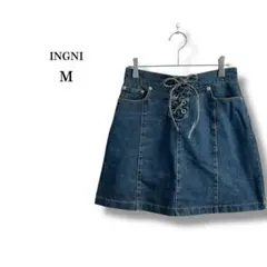 美品【INGNI】イング　レースアップデニムミニスカート　台形　リボン　綿　M