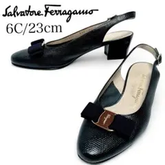 美品✨フェラガモ 6C 約23cm ヴァラ リボン パンプス トラップ 濃紺