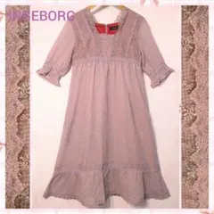 INGEBORG★細かいギンガムチェックスカラップレース装飾五分袖 ワンピース