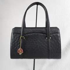 【美品】 JRA認定 オーストリッチ レザー ハンド バッグ 黒 鋲付き 国産