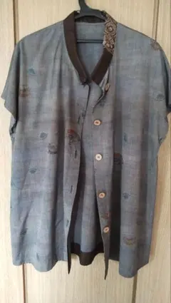 大島紬でリメイクした和風デザイン フレンチスリーブチュニック グレー