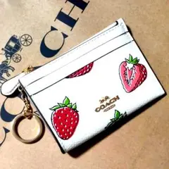 未使用級　coach コーチ　ウォレット ミニ財布　ストロベリー　苺 COACH】コーチ ぺブルレザー ストロベリー イチゴ 苺 いちご