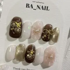 【現品】ネイルチップ　成人式ネイル　振袖　ぷっくりフラワー　茶色　ピンク　チーク