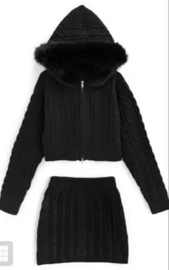 GRLケーブル編みファーニットパーカー×ミニスカートセットアップ