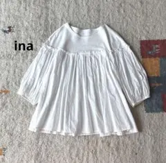ina イナ　胸切替ギャザープリーツカットソーブラウス　ホワイト　日本製